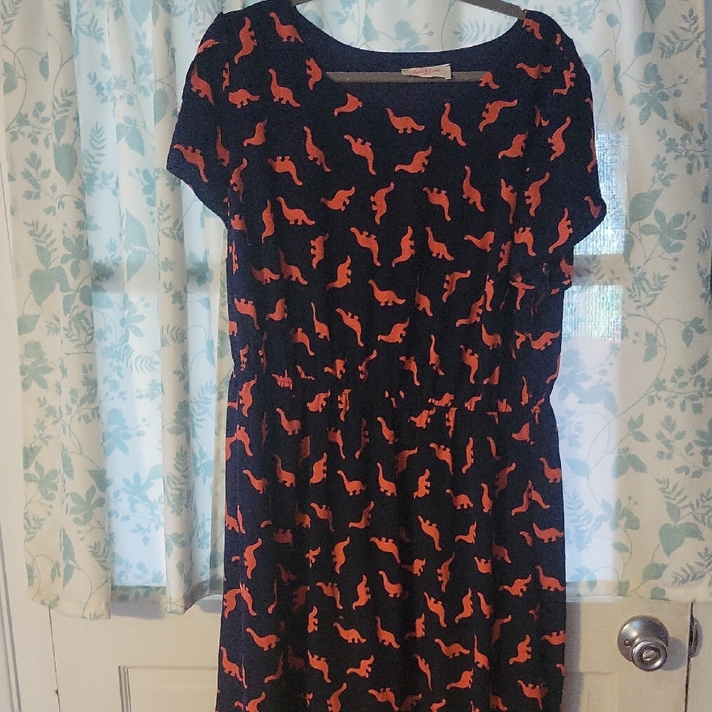 Peach Love California Navy Dress with Coral Dinosaur Print